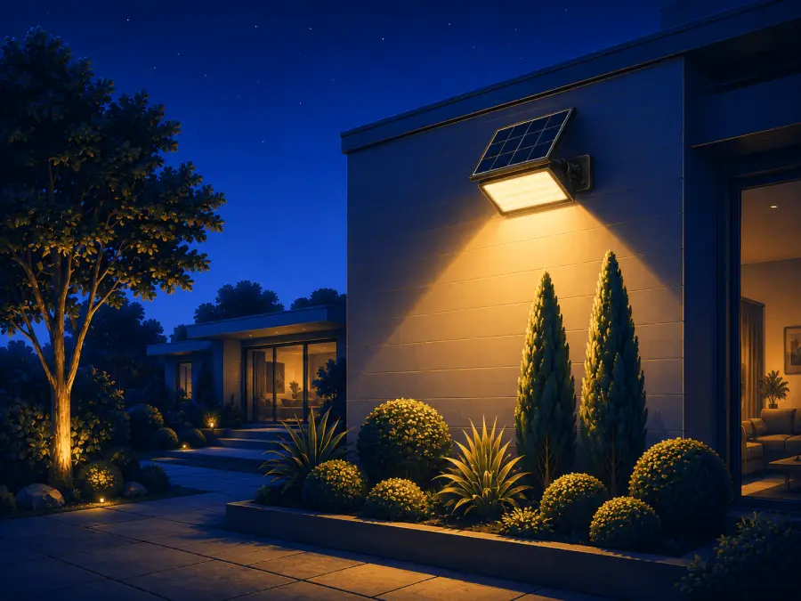 Solar floodlight providing wide coverage across a driveway