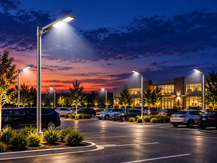 Solar parking lot lights illuminating an outdoor parking area in winter