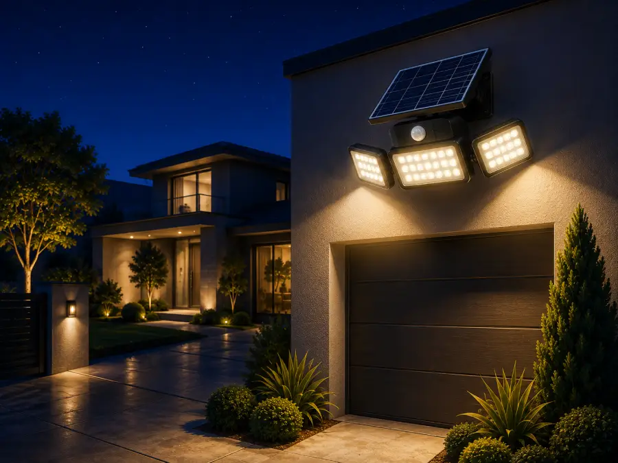 Motion-activated solar security light above a snowy entrance