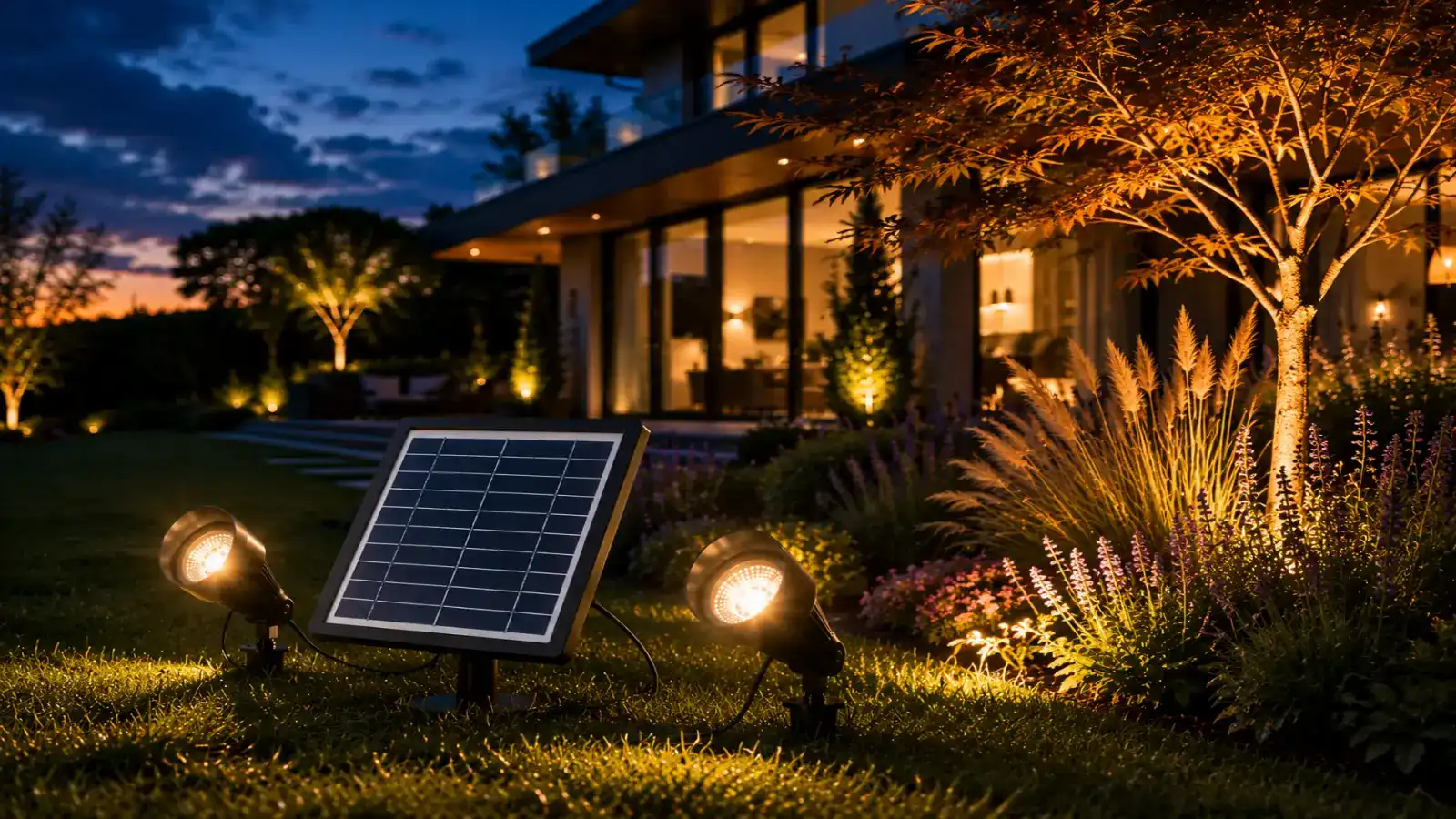 Commercial grade dual solar spot light with two adjustable heads and a separate solar panel