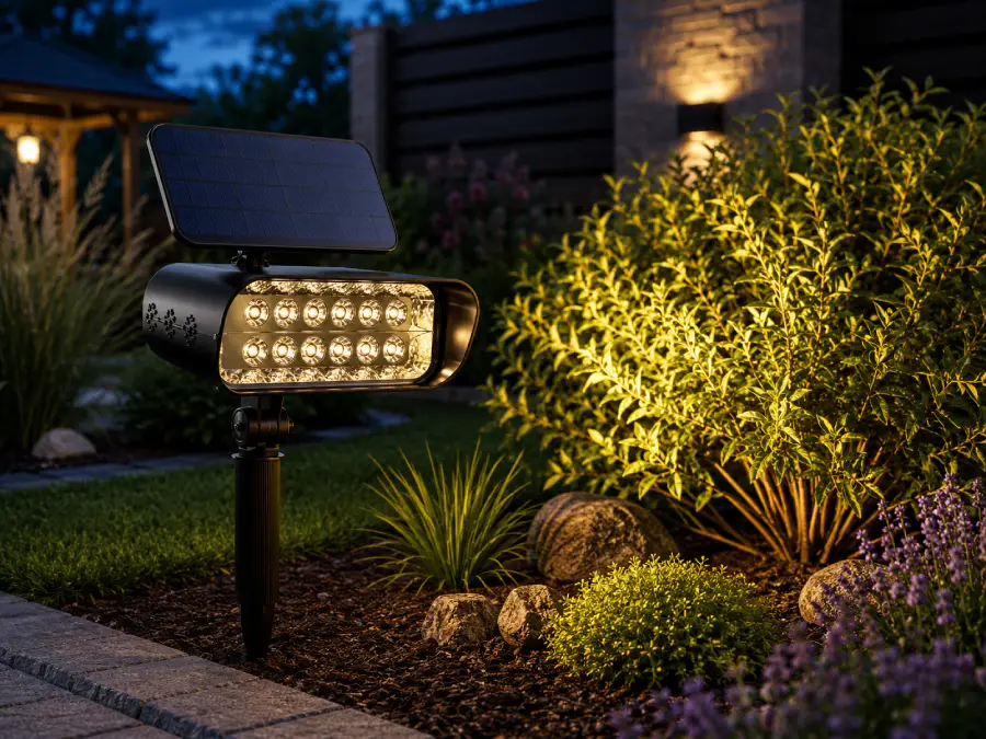 12-LED Solar Spot Light illuminating a wider landscaped garden feature