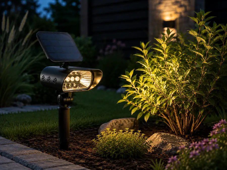 4-LED Solar Spot Light illuminating a small landscaped shrub