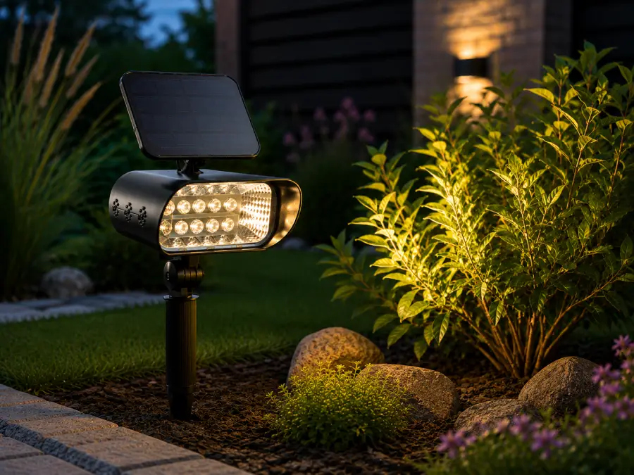 8-LED Solar Spot Light illuminating a landscaped planting bed