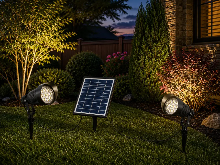 Commercial Grade Dual Solar Spot Light with two independently adjustable heads and separate solar panel