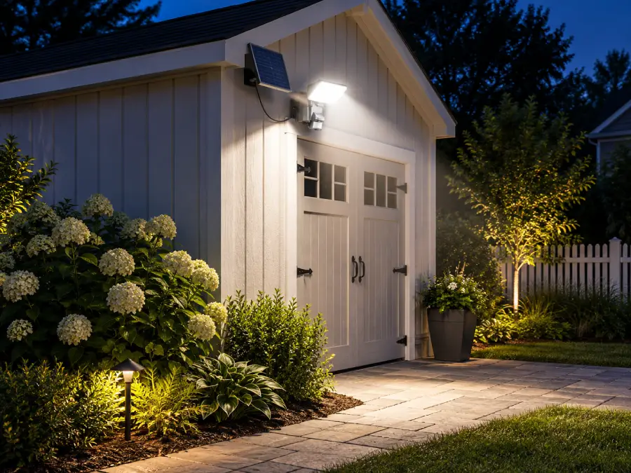 MAXSA 1100-Lumen Solar Motion Security Floodlight installed outdoors