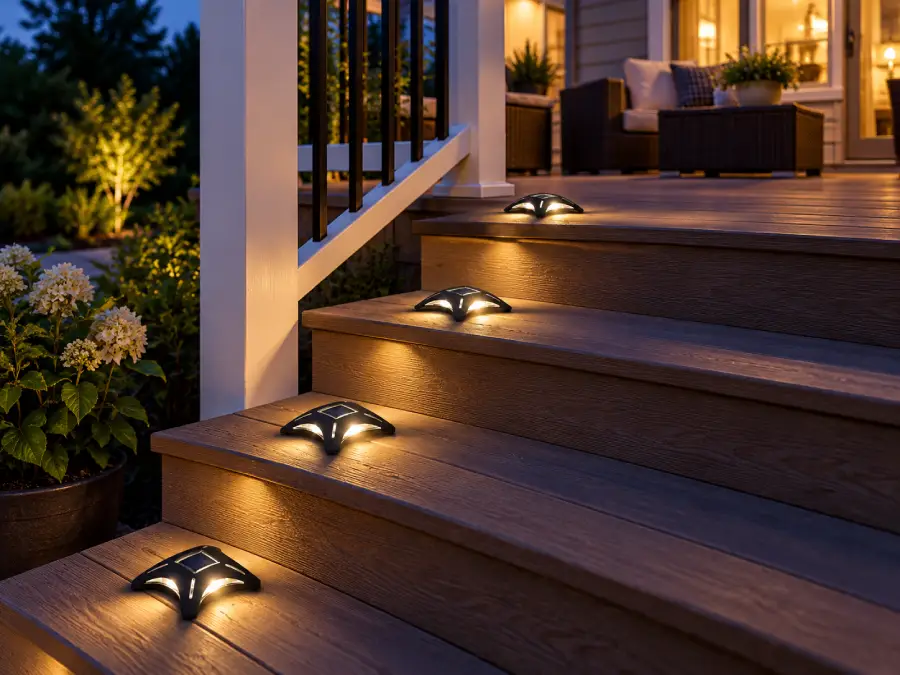 MAXSA Ninja Stars™ Solar-Powered LED Accent Deck Lights — 4 Pack shown in an outdoor lighting application