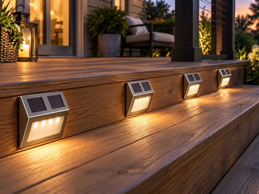 MAXSA Solar-Powered Metal Deck Lights — 4 Pack shown in an outdoor lighting application
