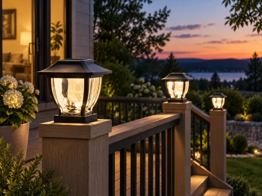 MAXSA Solar Wave Post Cap & Deck Railing Lights — 2 Pack shown in an outdoor lighting application