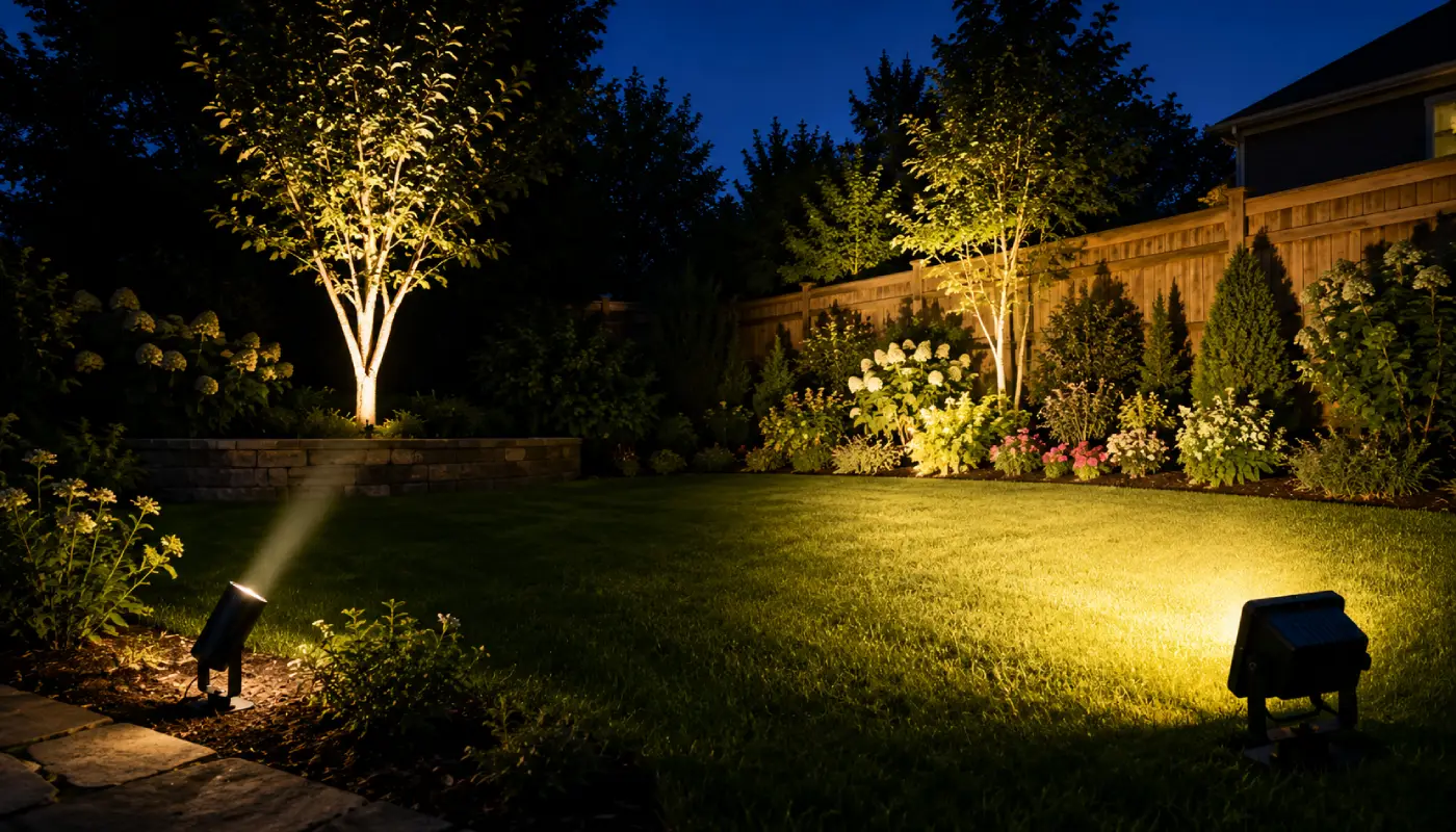 Spotlight and floodlight compared in an outdoor garden