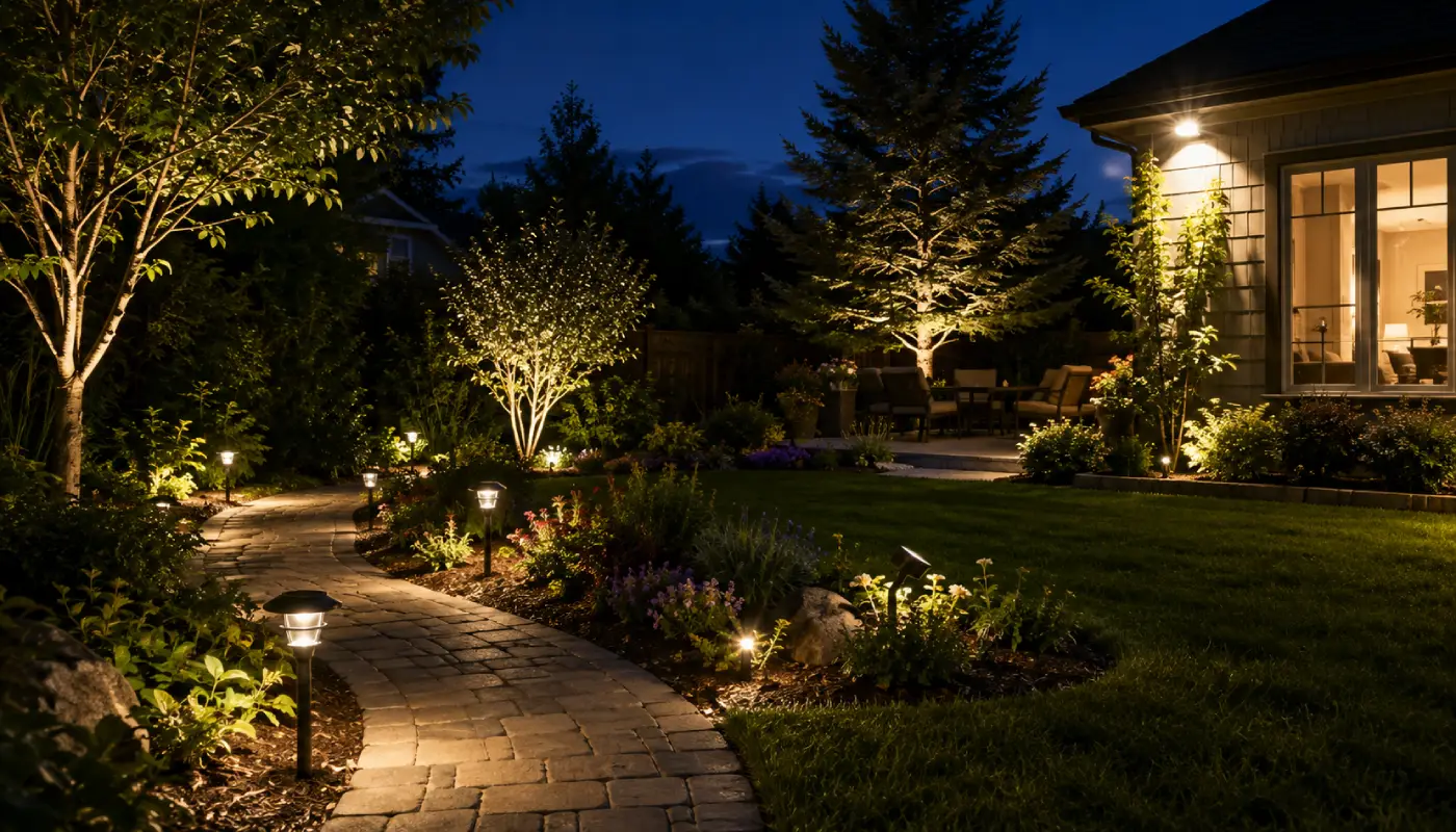 Outdoor solar lights shown at several brightness levels
