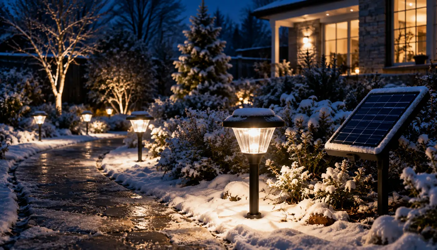 Outdoor solar lights operating in a winter garden